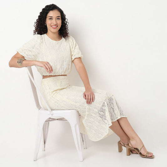 Lace Polyester Puff Sleeve Top