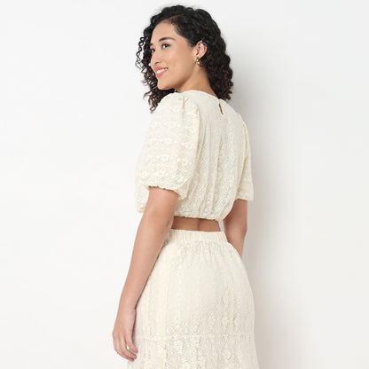 Lace Polyester Puff Sleeve Top