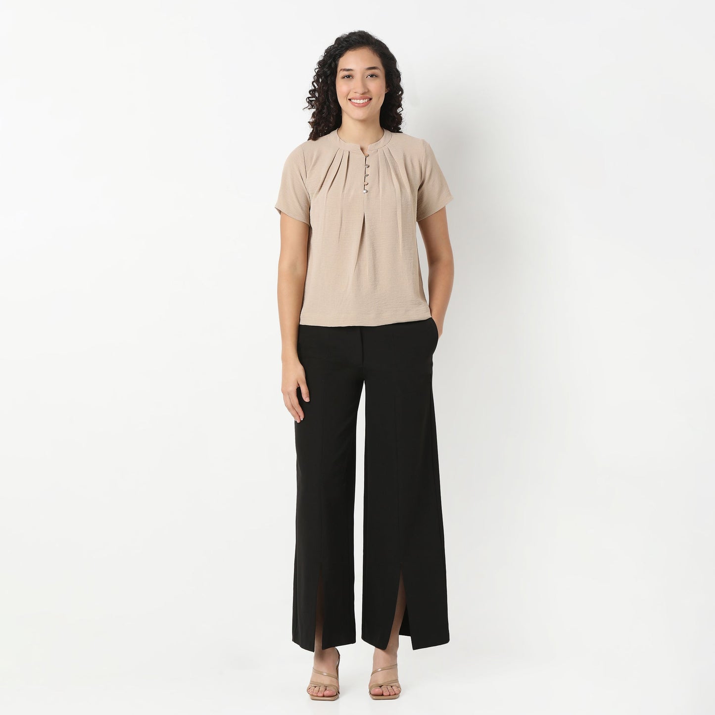 Solid Round Neck Pleated Top