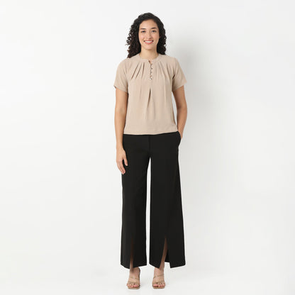 Solid Round Neck Pleated Top