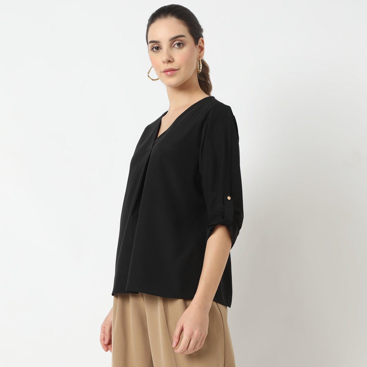 Regular Fit Solid V-Neck Top