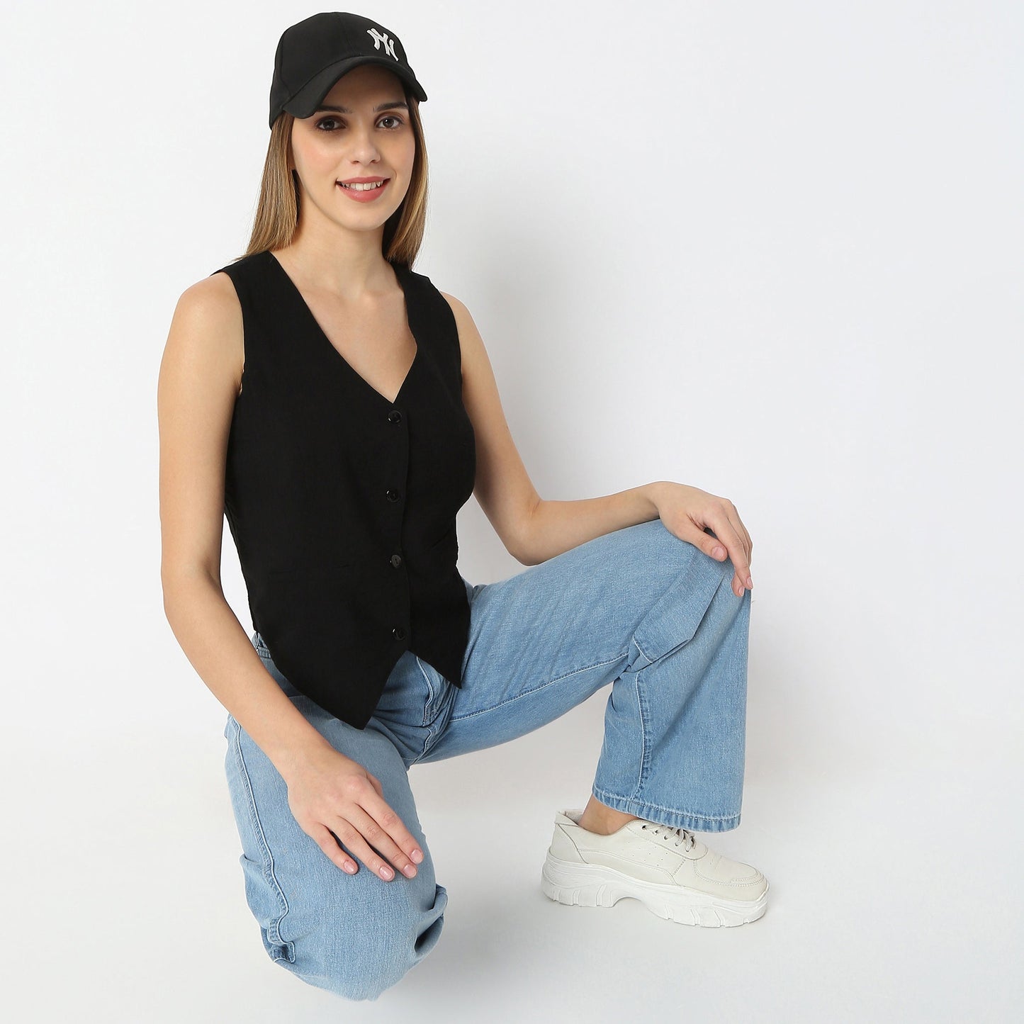 Solid V-Neck Sleeveless Fusion Top