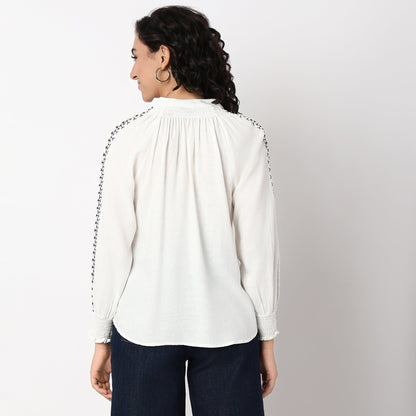 Woven Embroidered V-Neck Full Sleeve Top