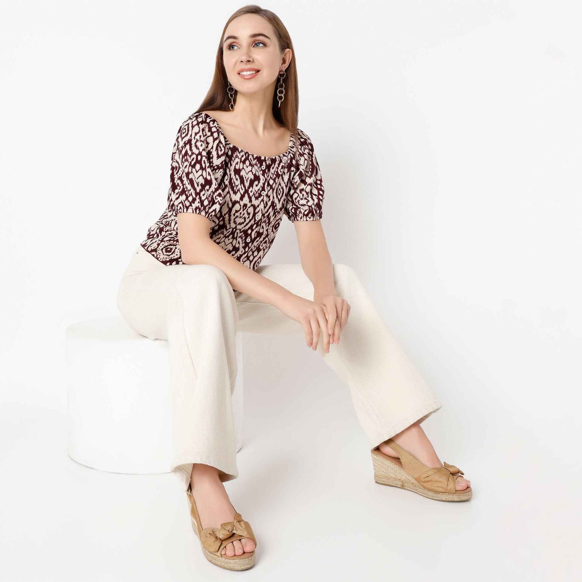 Regular Fit Printed Square Neck Top