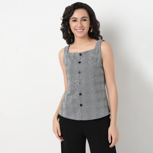 Order Now Women Checkered Square Neck Straight Slim Fit Western Wear Top by Style Union