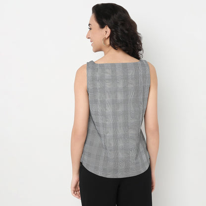 Order Now Women Checkered Square Neck Straight Slim Fit Western Wear Top by Style Union