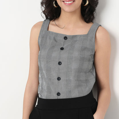 Order Now Women Checkered Square Neck Straight Slim Fit Western Wear Top by Style Union