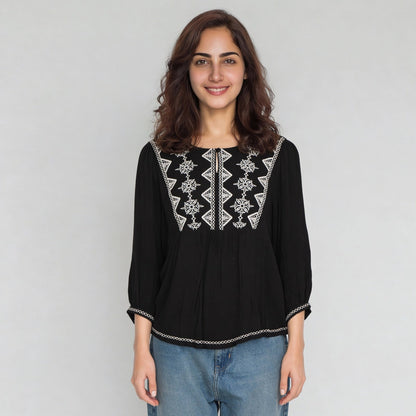 Viscose Embroidered Three-Fourth Sleeve Top