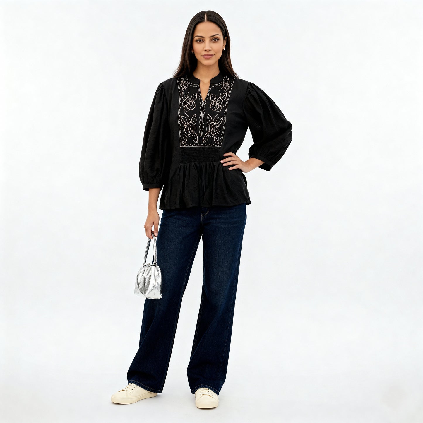 Embroidered Band Neck Top