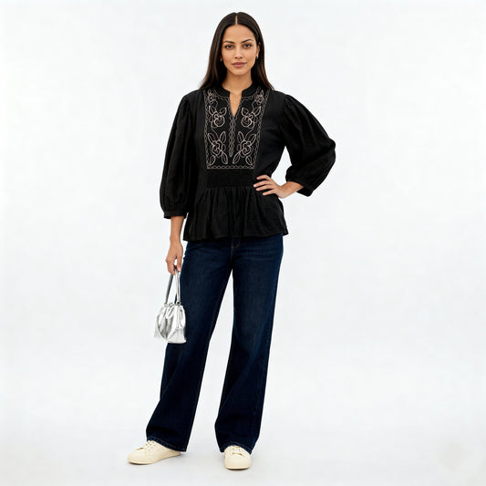 Embroidered Band Neck Top