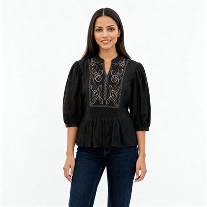 Embroidered Band Neck Top