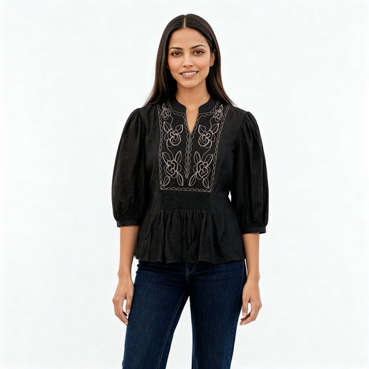 Embroidered Band Neck Top