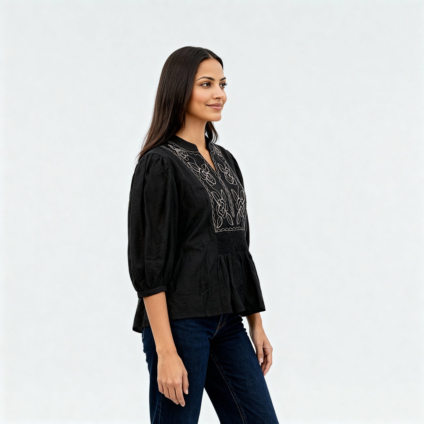Embroidered Band Neck Top