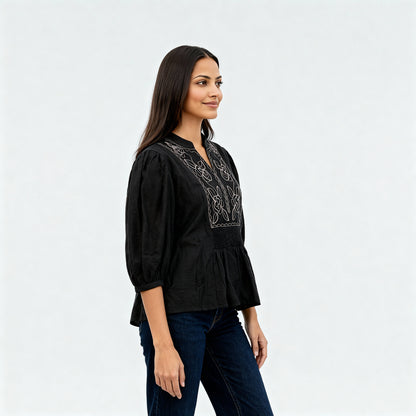 Embroidered Band Neck Top