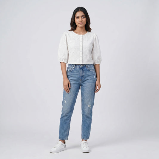 Embroidered Round Neck Top