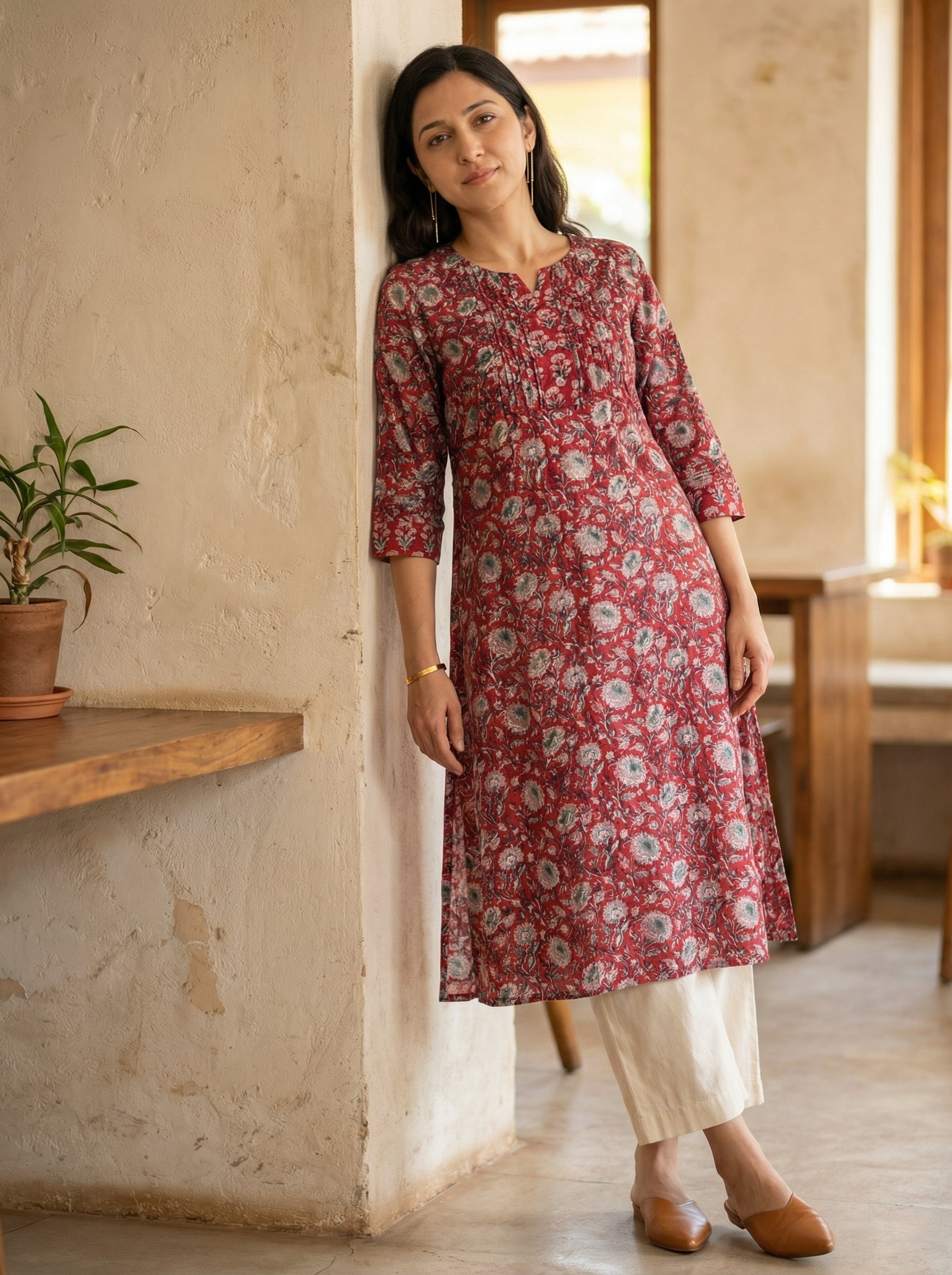 Maroon Yoke Pintuck Kurta