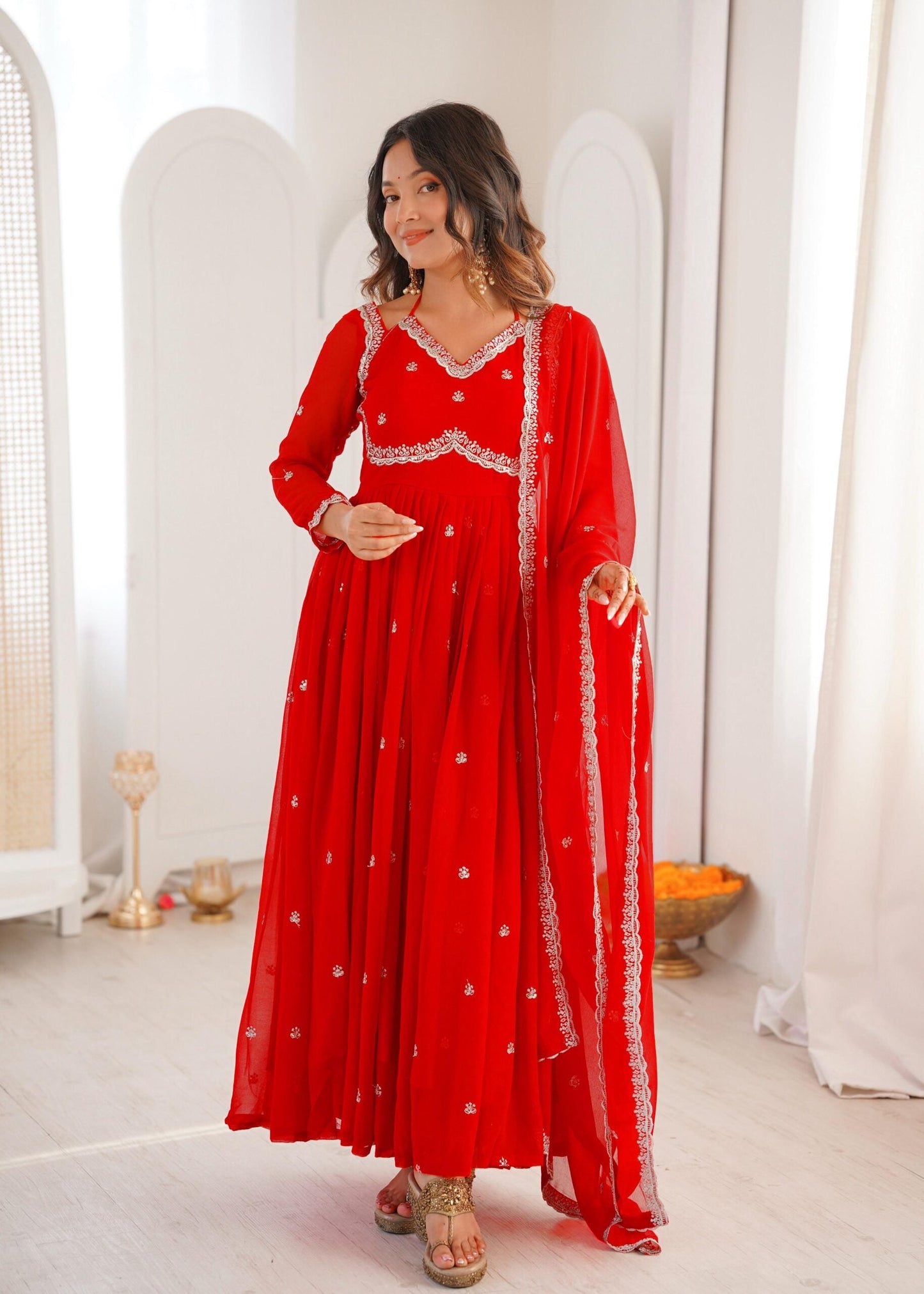 Red Embroidered Anarkali Suit Set with Dupatta