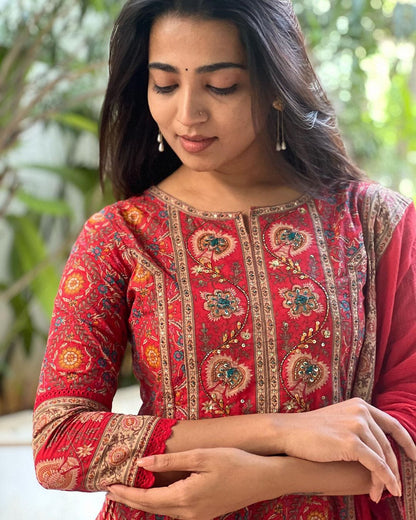 Red Anarkali Pure Cotton Kurta set