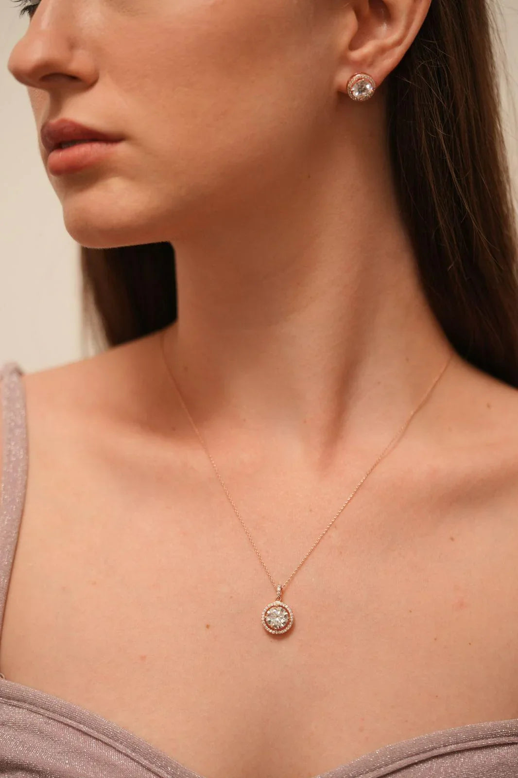 3 Carat Round Diamond Solitaire Chain with 2 Carat Earrings | Pendant Set