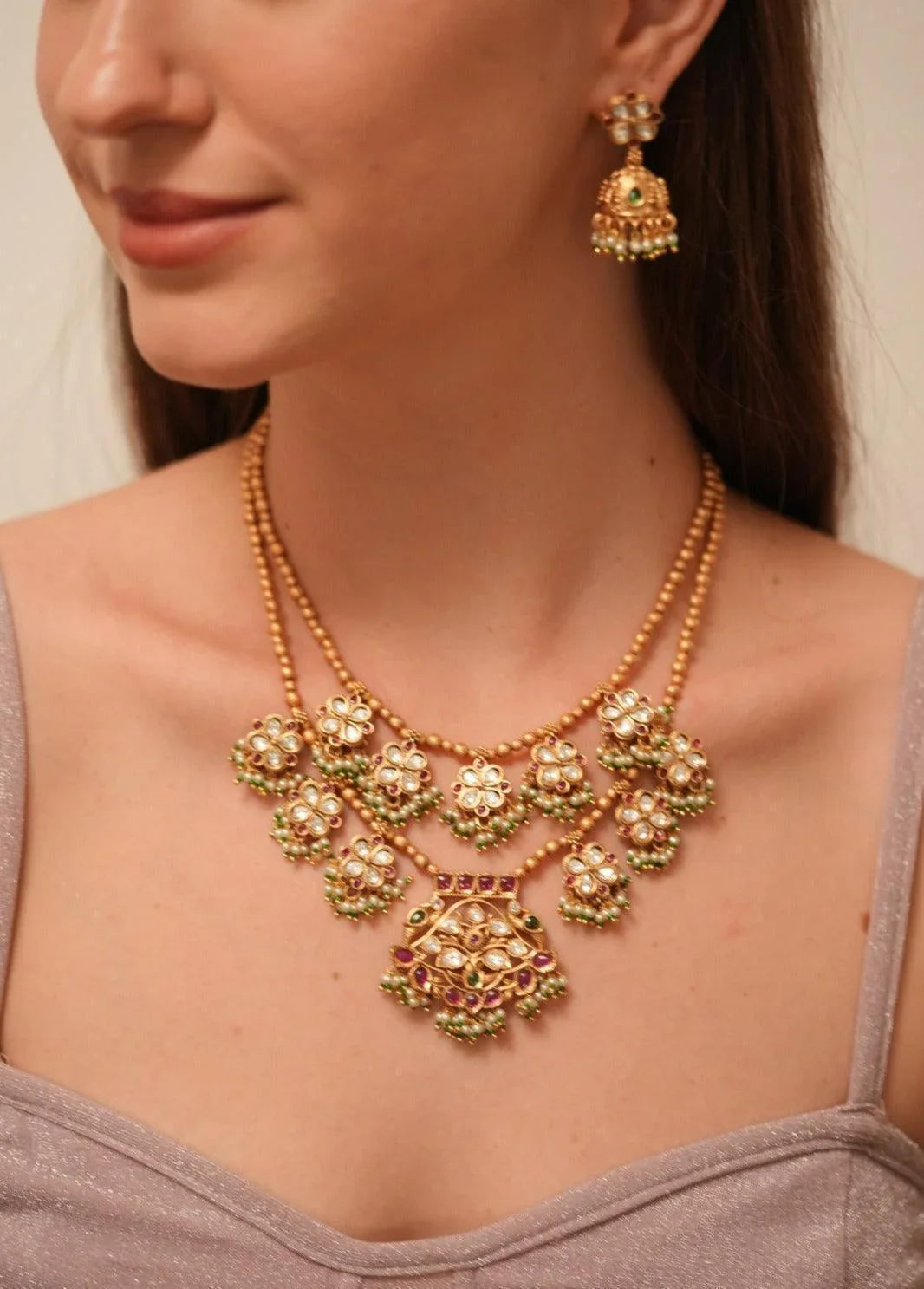 Ambika 2 Line Gold Haar with Jhumkis | Sone pe Suhaga