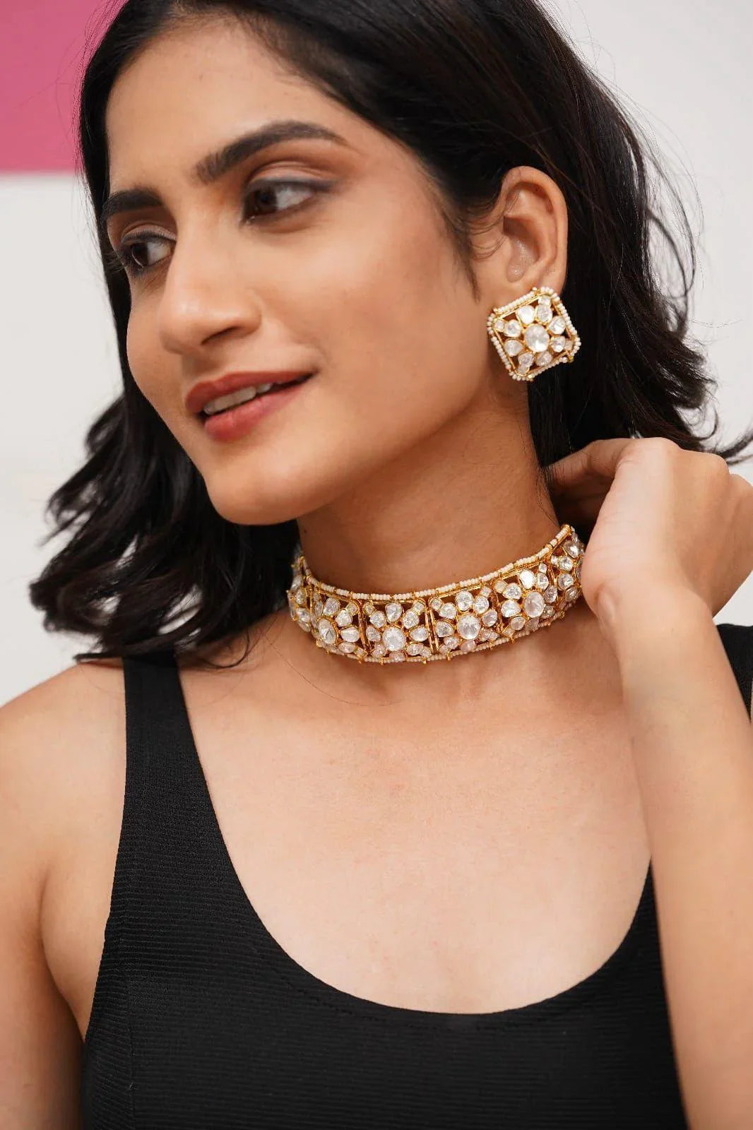Mythili Pearl And Moissanite Choker | Gold Polish