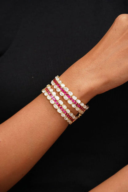 Moissanite Coloured Polki Bangle | Kada- Pink