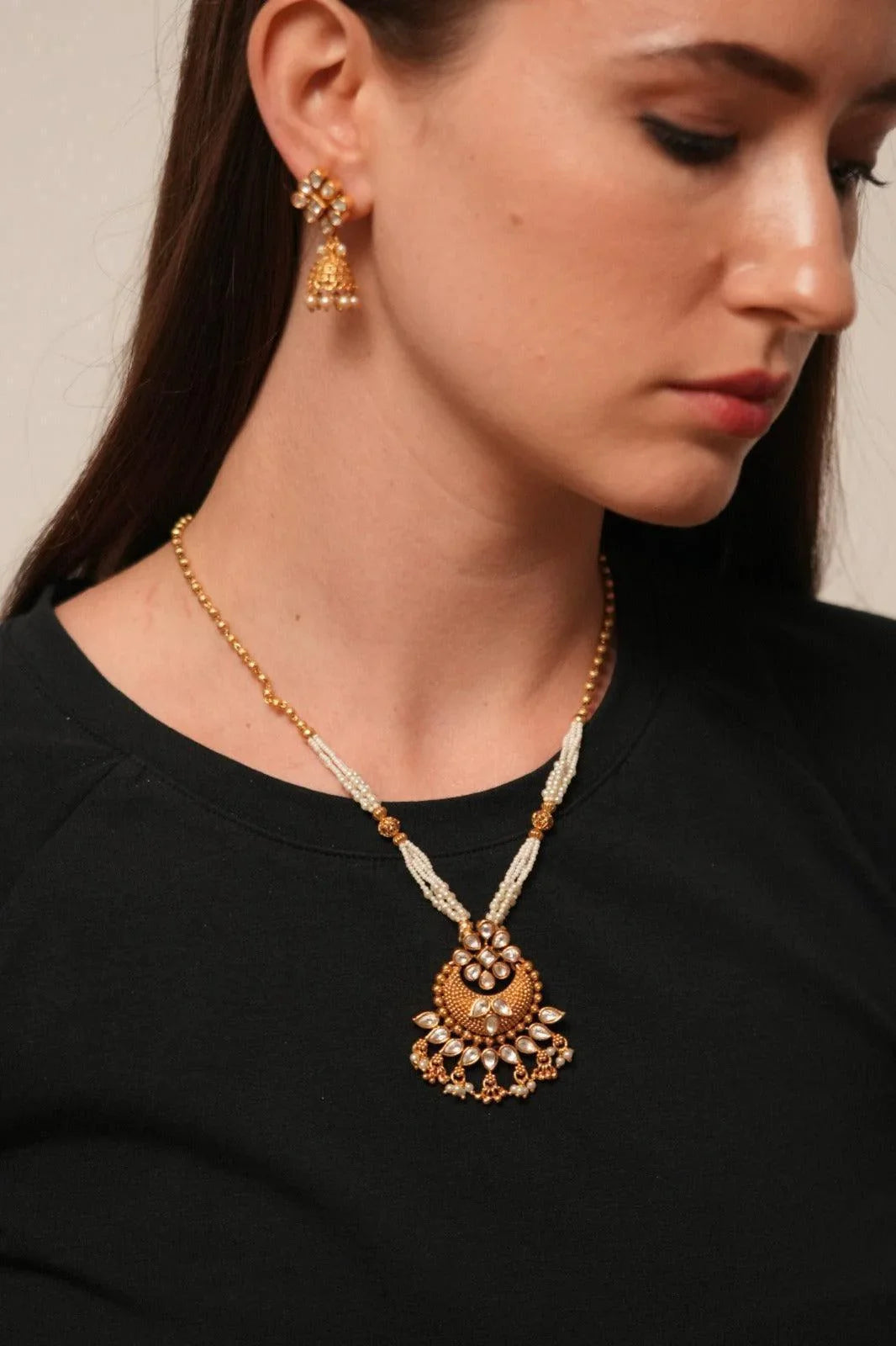 Meera Single Line Necklace with Small Jhumkis | Sone pe Suhaga Collection