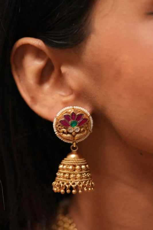 Nirupa Gold Necklace with Mid-Sized Jhumkis | Sone pe Suhaga Collection