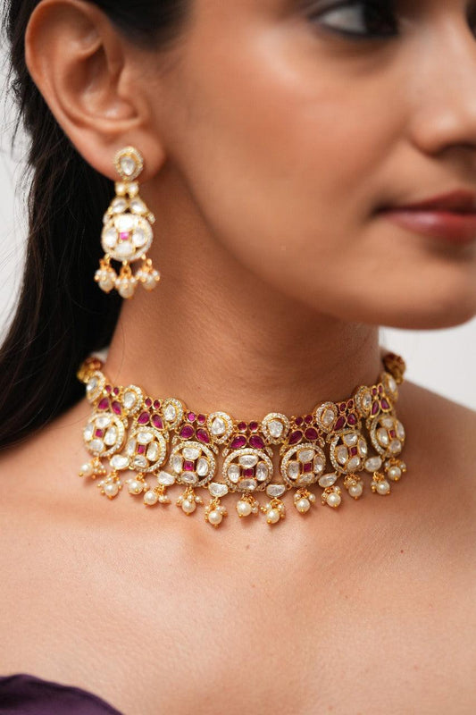 Swati Moissanite Mid Sized Gold Polki Choker Set