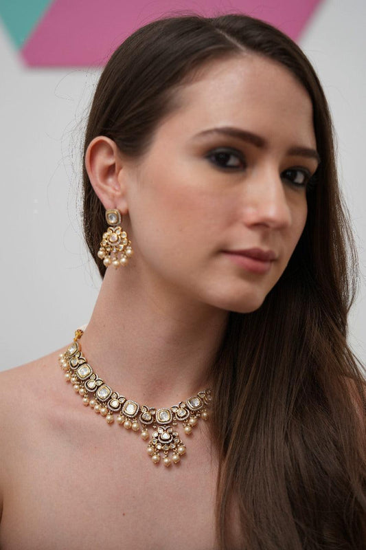 Vilinda Polki Moissanite Antique Gold Necklace Set