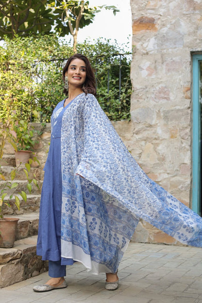 Blue Floral Embroidered Cotton Kurta Suit Set with Dupatta