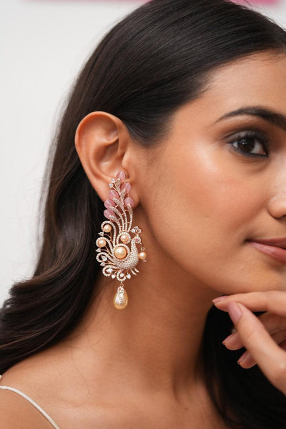 Dancing Peacock Oversized Pastel Beaded Diamond Earrings | Lala Land Collection