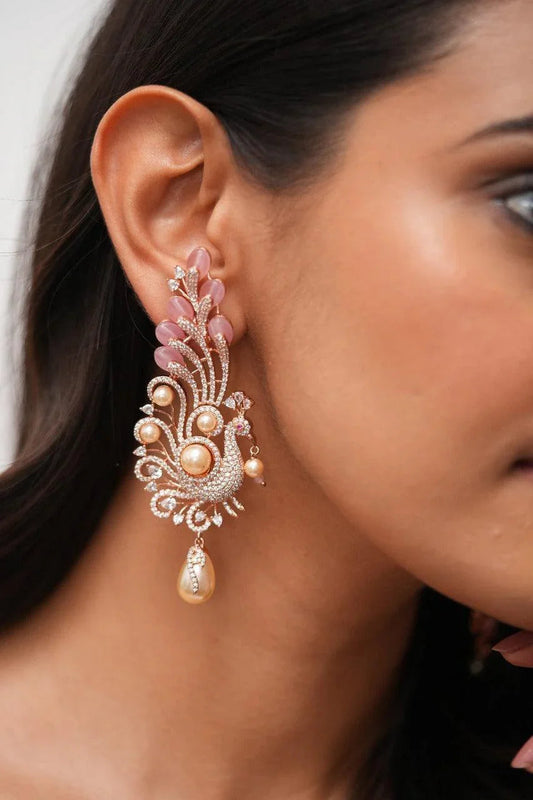 Dancing Peacock Oversized Pastel Beaded Diamond Earrings | Lala Land Collection