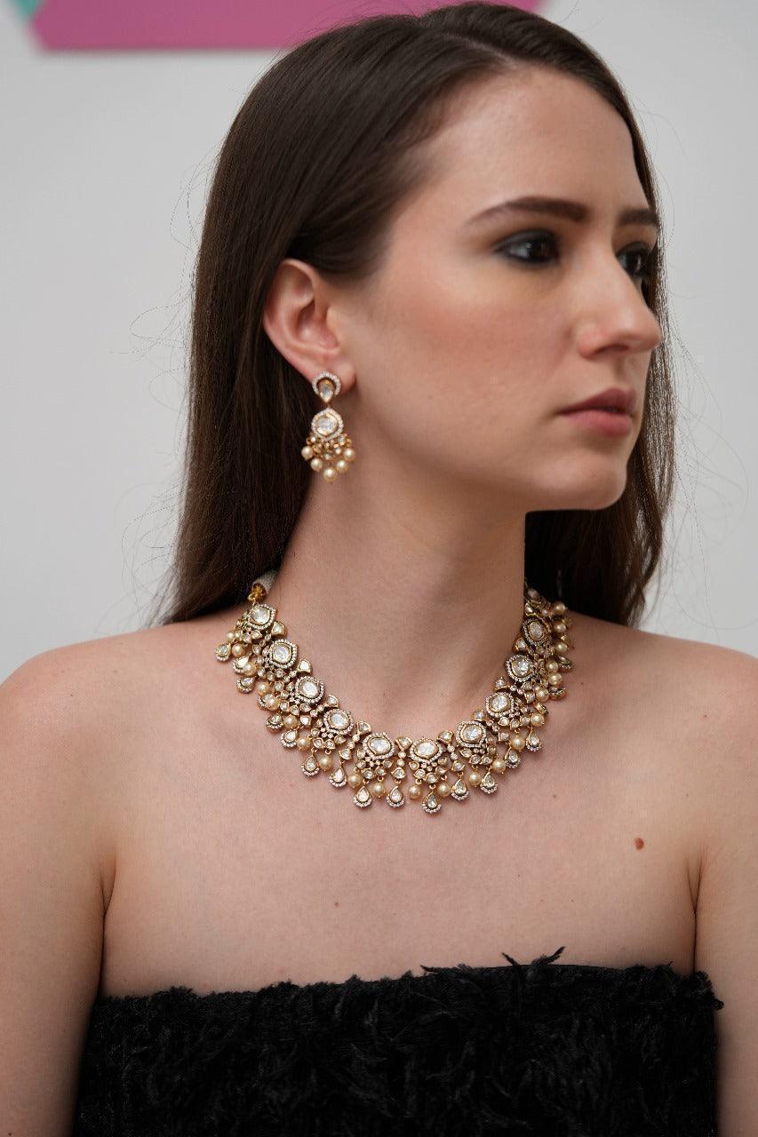 Hazoori Polki Moissanite Antique Gold Necklace Set