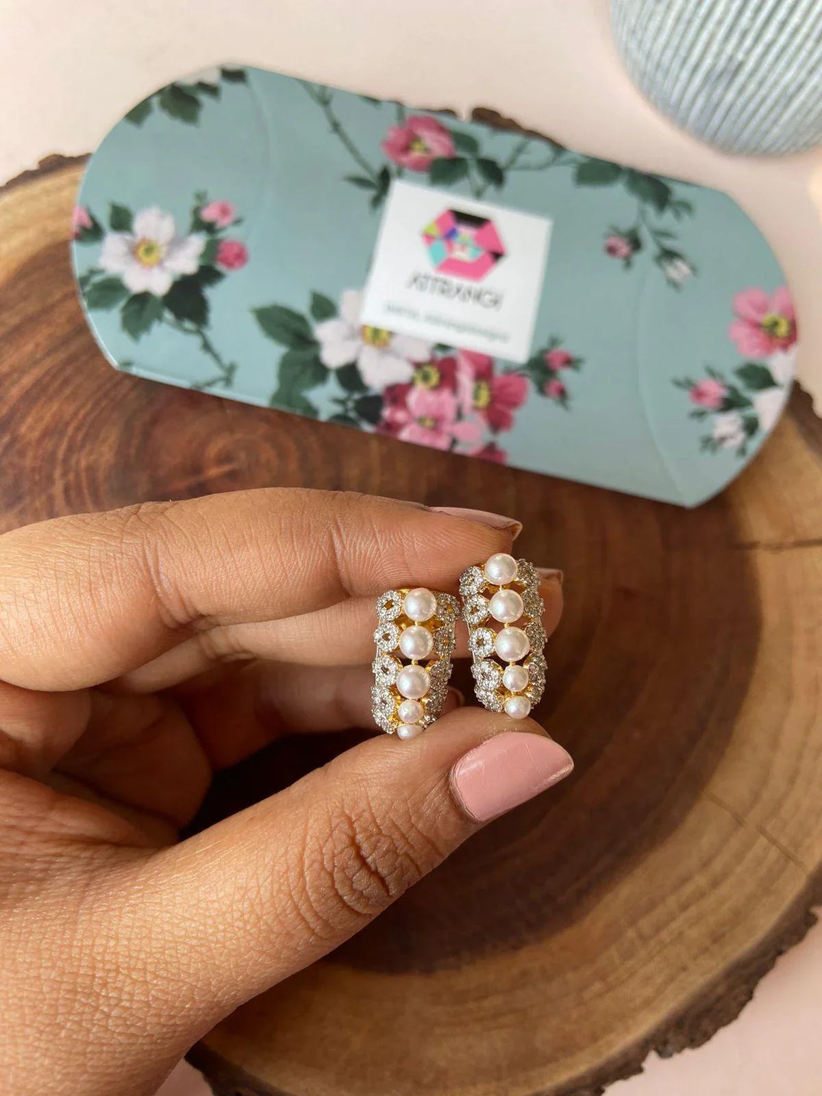 Diamond Pearl Bali Style Studs  | Gold Polish