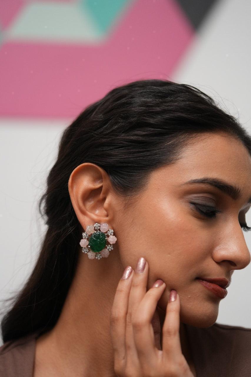 Peekaboo Statement Studs with Kharbuja Beads & Engraved stone | GemZ Collection