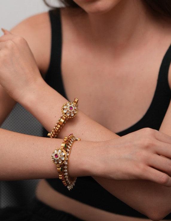 Jigyasa Gokhru Gold Kada Bracelet with Pearl Jhaalar | Sone Pe Suhaga