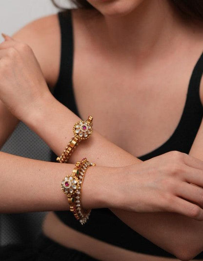 Jigyasa Gokhru Gold Kada Bracelet with Pearl Jhaalar | Sone Pe Suhaga