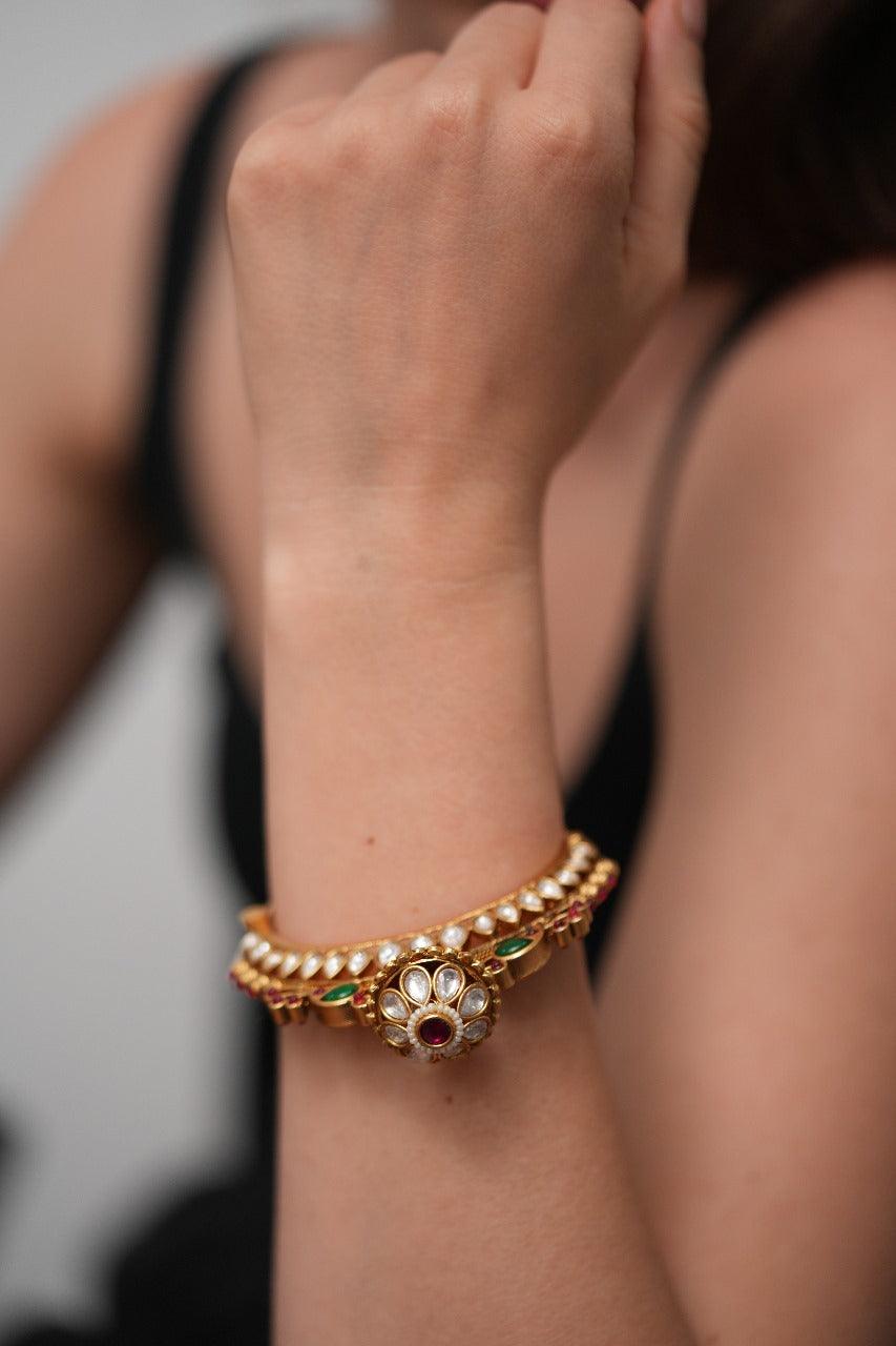 Jigyasa Gokhru Gold Kada Bracelet with Pearl Jhaalar | Sone Pe Suhaga