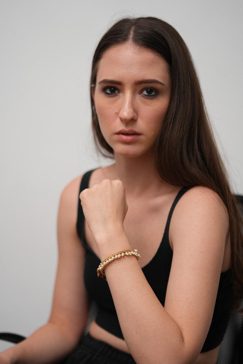Jigyasa Gokhru Gold Kada Bracelet with Pearl Jhaalar | Sone Pe Suhaga