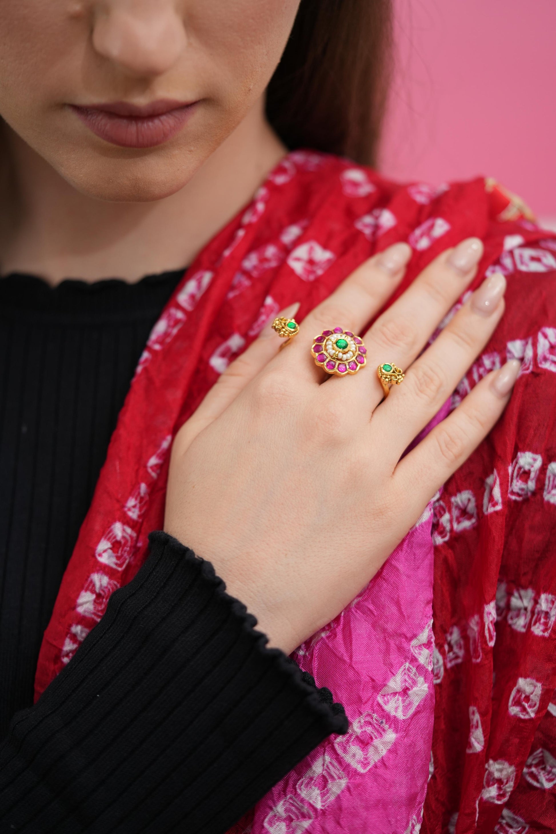 Divya Double Finger Polki Gold Ring