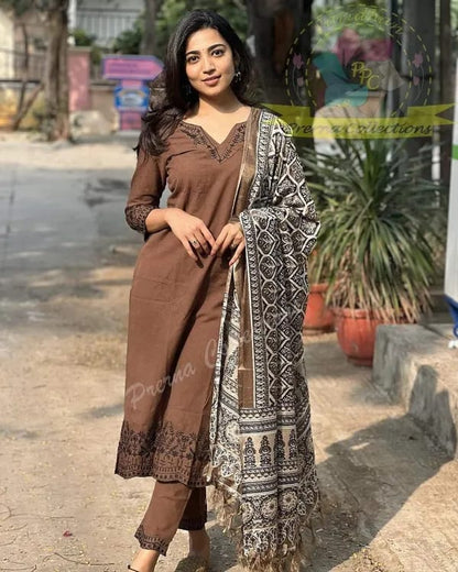 Elegant Brown Kurta Set with Printed Dupatta
