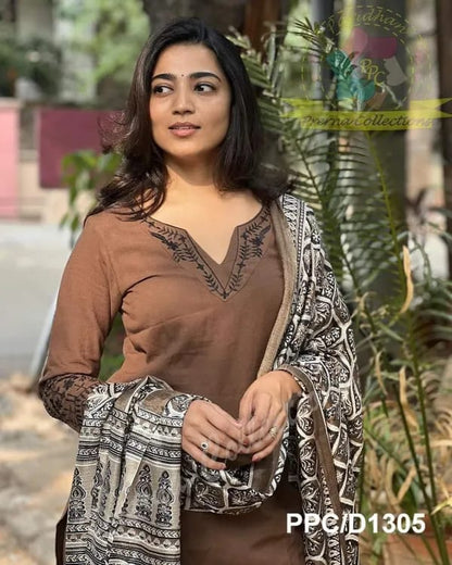 Elegant Brown Kurta Set with Printed Dupatta