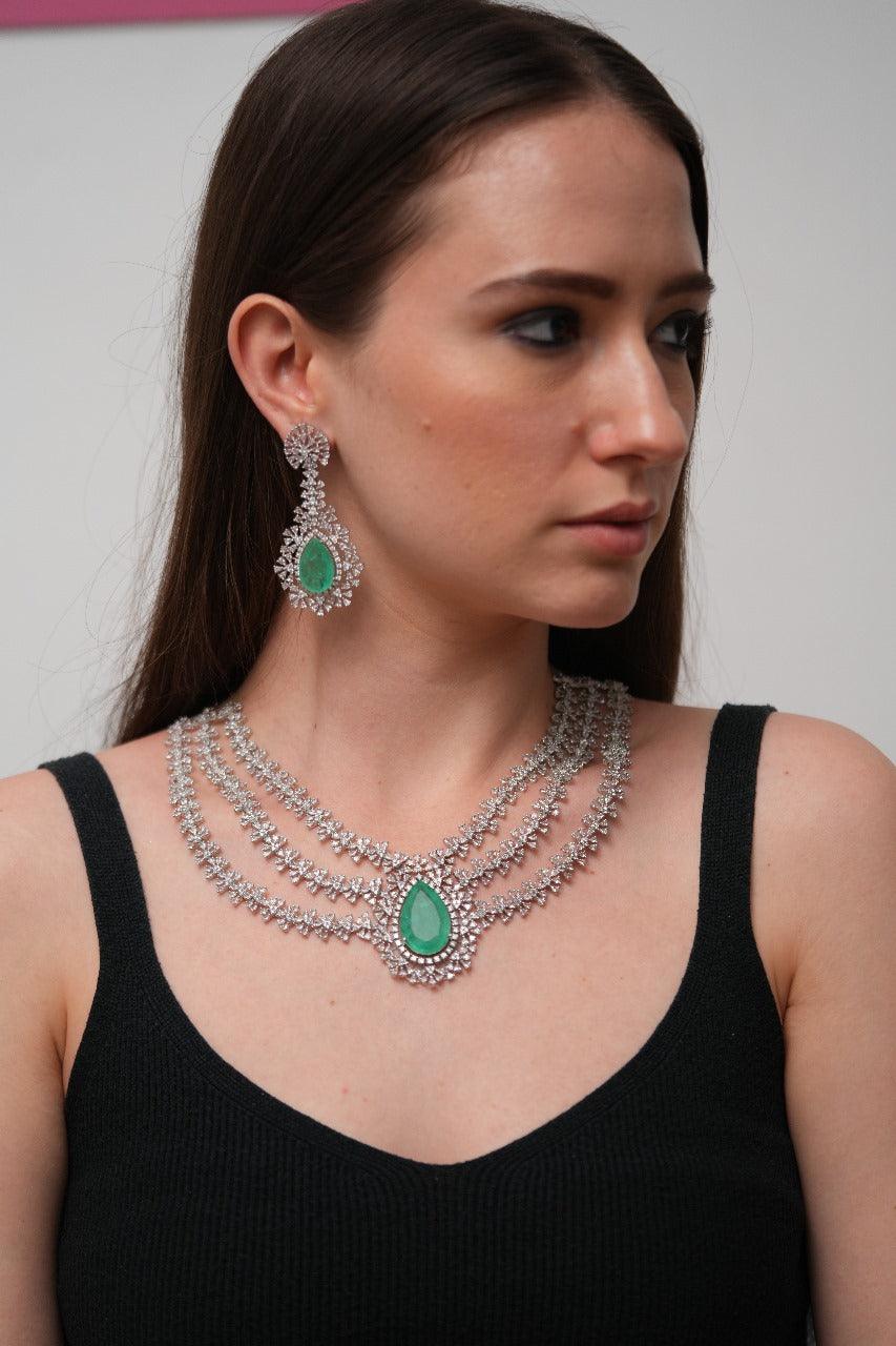 Russian Emerald Bridal 3 Layered Heavy Diamond Set