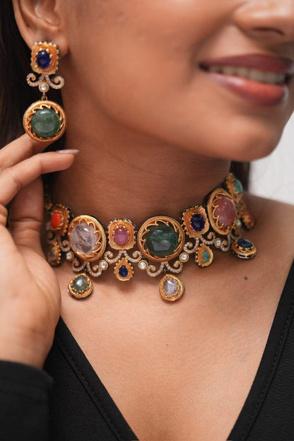 Mid Sized Sabhya Gemstone Multicoloured Choker Set | GemZ