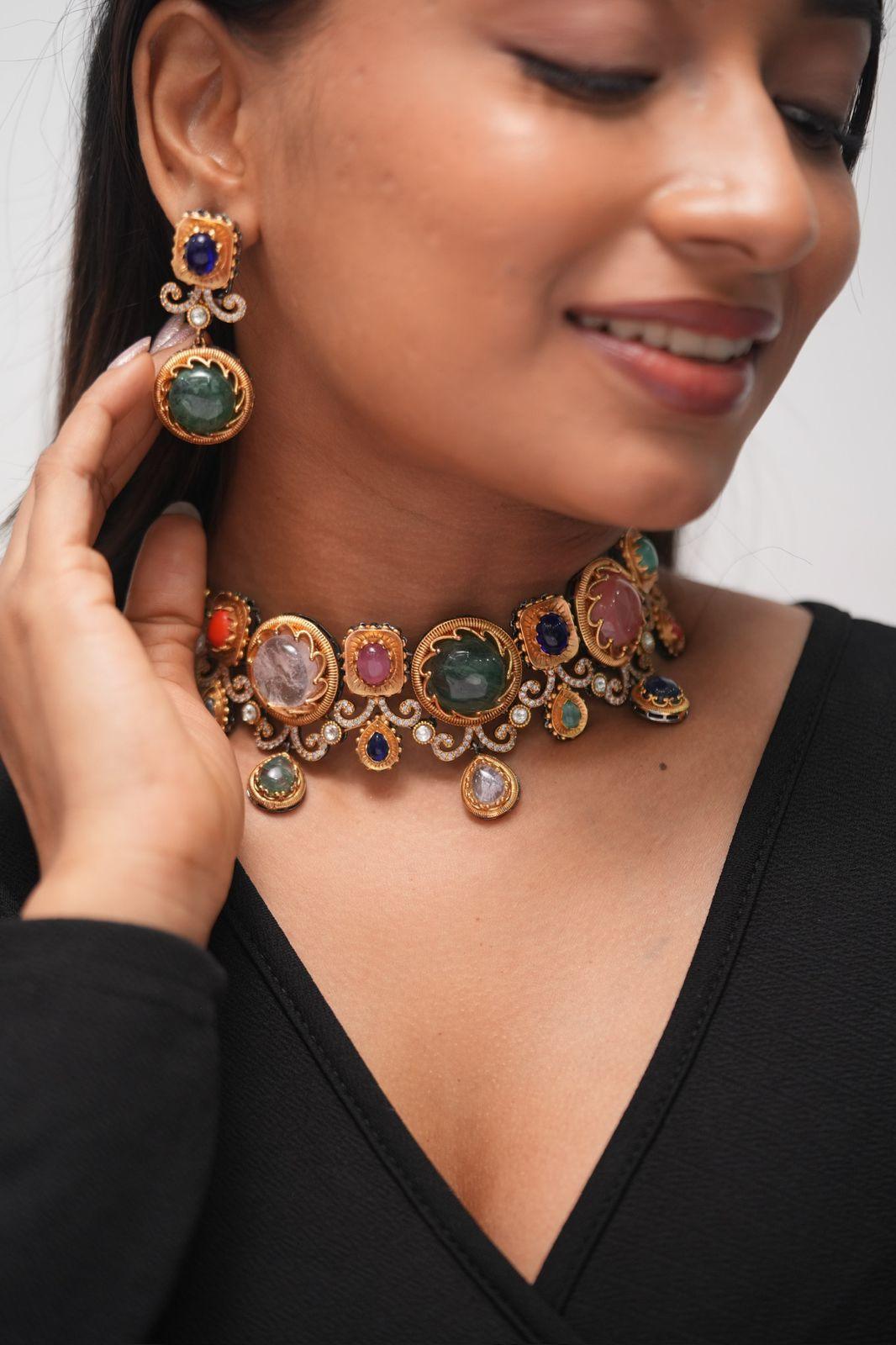 Mid Sized Sabhya Gemstone Multicoloured Choker Set | GemZ