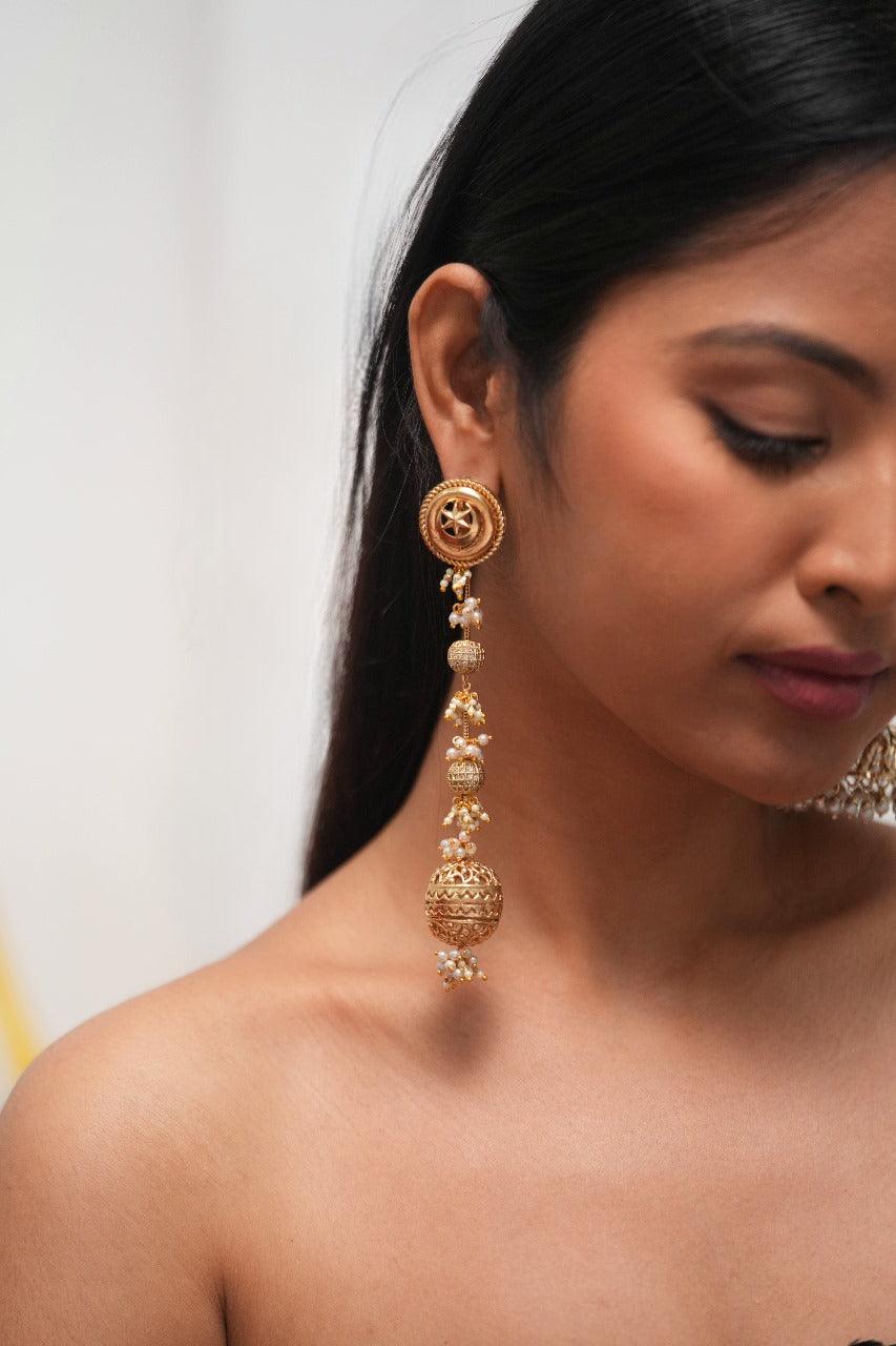 Amana Handmade Gold Long Indian Shoulder Duster Earrings | Contemporary
