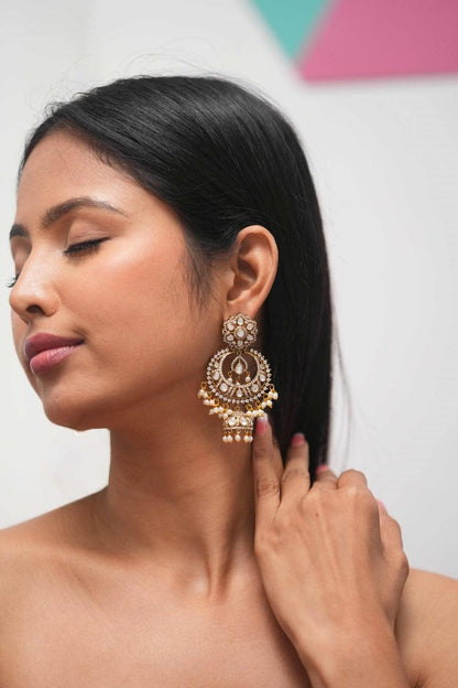 Chandfall Jhumka Moissanite Indian Earring | Antique Gold