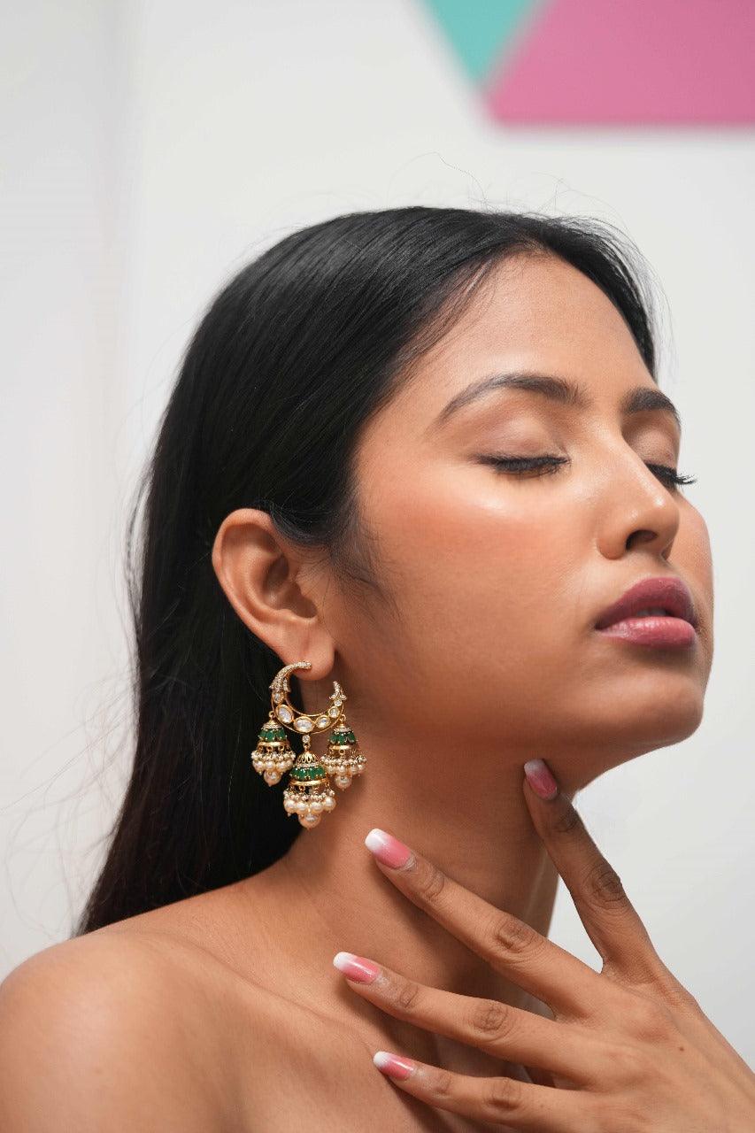 Chand Sa Roshan Chehra Moissanite Tri Jhumka Drop Indian Earring