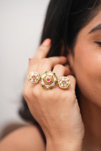 Umisha 3 Finger Polki Gold Statement Ring | Sone Pe Suhaga